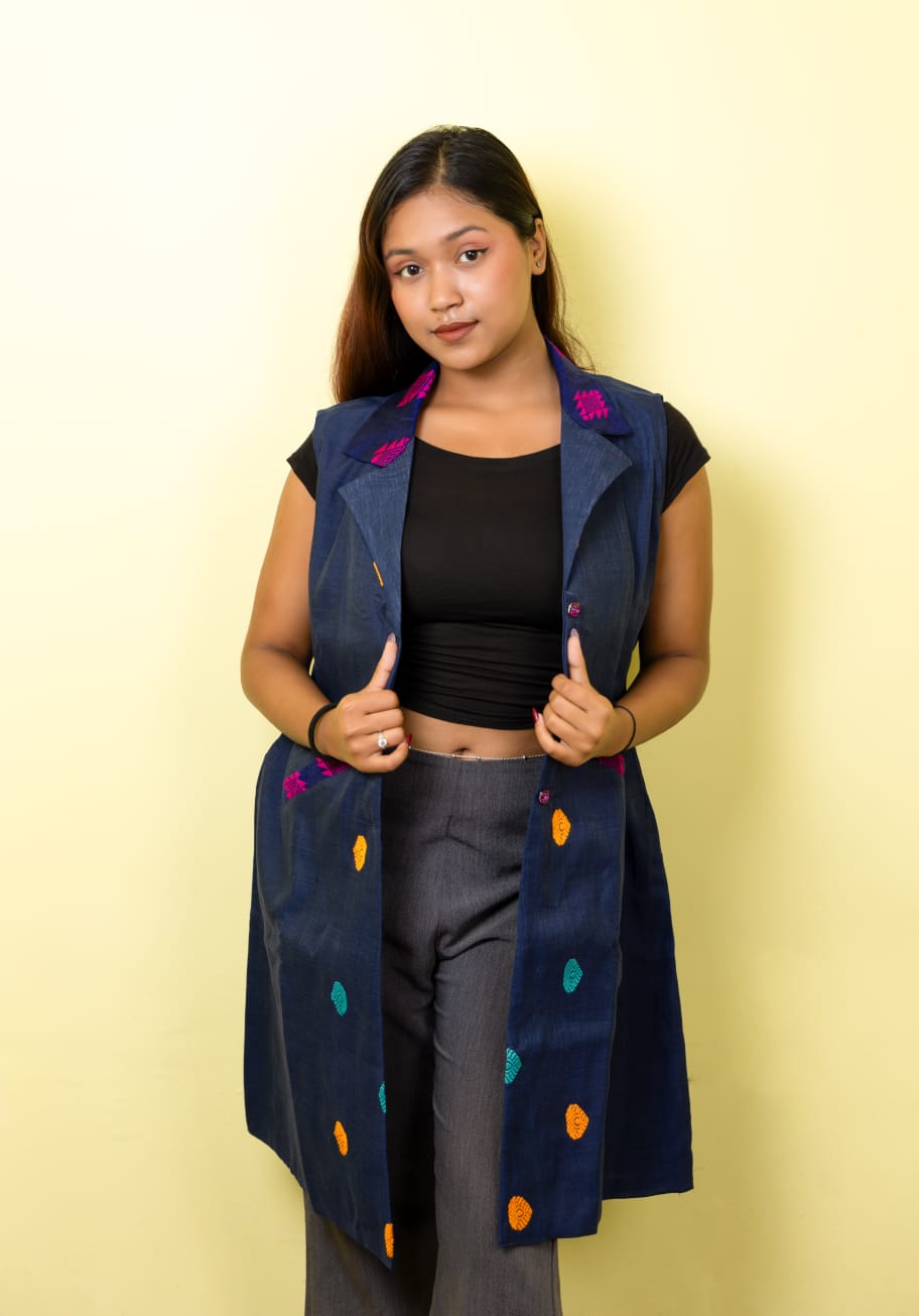 Navy Blue Shrug with Assamese traditional motifs.